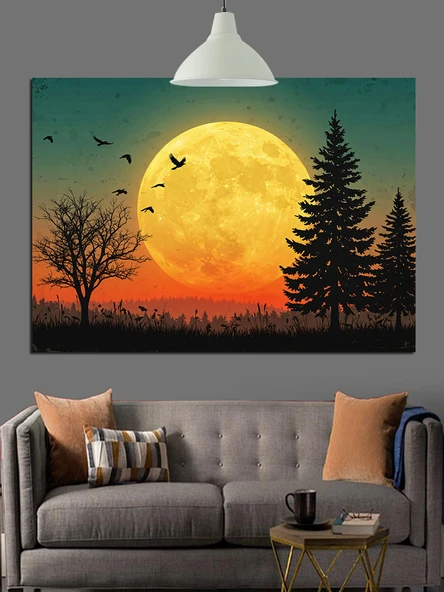 Dolunay Altında Sessiz Orman Dekoratif Kanvas - Mdf Ahşap Tablo - 3