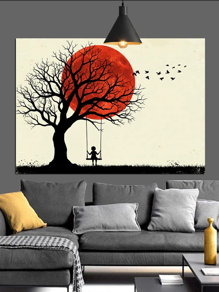 Kırmızı Ağaç Gün Batımı Dekoratif Kanvas - Mdf Ahşap Tablo