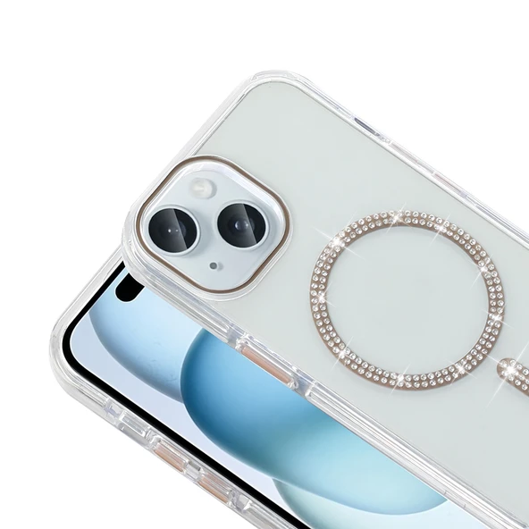 Apple iPhone 15 Kılıf Taşlı Tasarım M-safe Şarj Özellikli  Koment Silikon Kapak - Resim 3