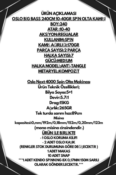 Oslo Next 4000 Big Bass 240cm 10-40gr 8X Spin Olta Seti - Resim 2