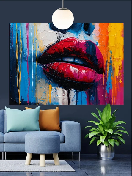 Sulu Parlak Kırmızı Dudaklar Dekoratif Kanvas - Mdf Ahşap Tablo - 3