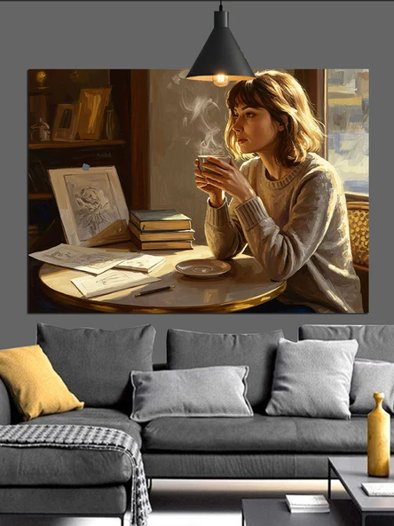 Pencerede Oturan Düşünceli Kadın Dekoratif Kanvas - Mdf Ahşap Tablo - 2