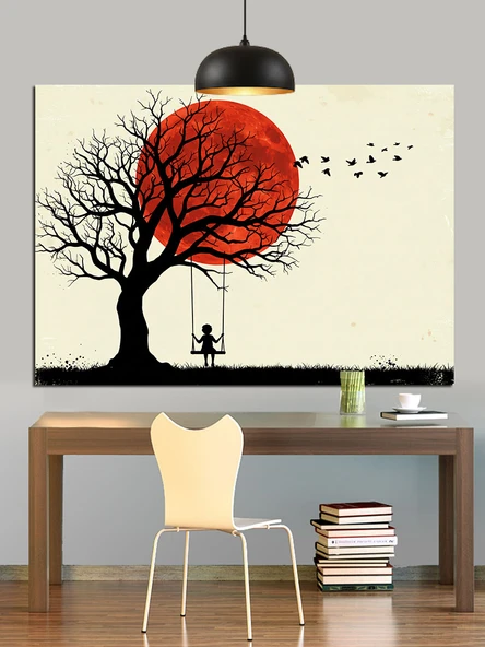 Kırmızı Ağaç Gün Batımı Dekoratif Kanvas - Mdf Ahşap Tablo - 3