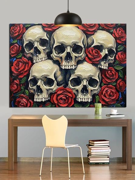 Çiçekli Kafatasları Sanatı Dekoratif Kanvas - Mdf Ahşap Tablo - 2