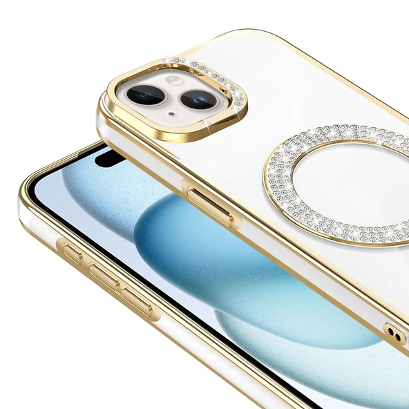 Apple iPhone 15 Kılıf Pırlanta Taş Tasarımlı M-safe Şarj Özellikli  Karetta Silikon Kapak - Resim 4