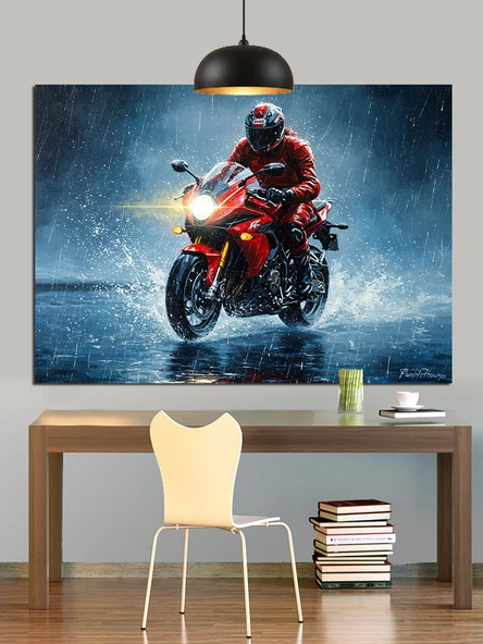 Kırmızı Motorsiklet Yol Hızı Dekoratif Kanvas - Mdf Ahşap Tablo