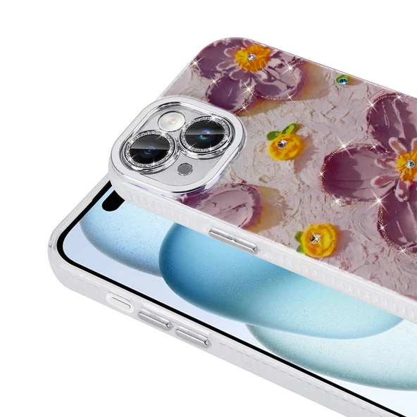 Apple iPhone 15 Kılıf Çiçek Desenli Parlak Taşlı Sert Silikon  Garden Kapak - Resim 3