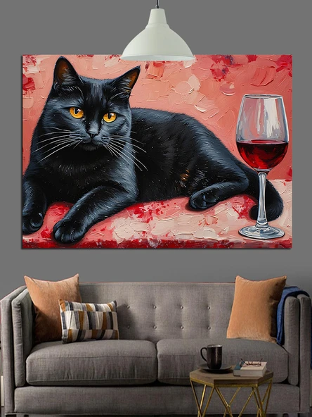 Siyah Kedi Şarap Balık Dekoratif Kanvas - Mdf Ahşap Tablo - 3