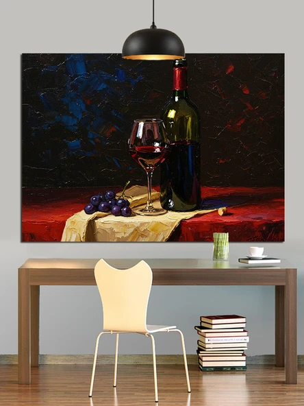 Şarap Kadehi Üzüm Peynir Dekoratif Kanvas - Mdf Ahşap Tablo - 2
