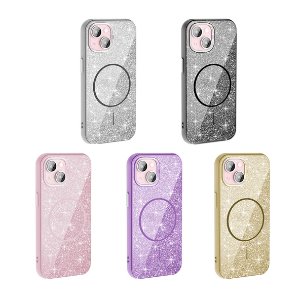 Apple iPhone 15 Kılıf M-safe Şarj Özellikli Parlayan Simli  Okso Kapak - Resim 3