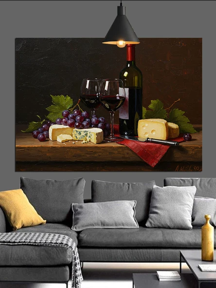 Şarap üzüm ve peynir Dekoratif Kanvas - Mdf Ahşap Tablo - 3
