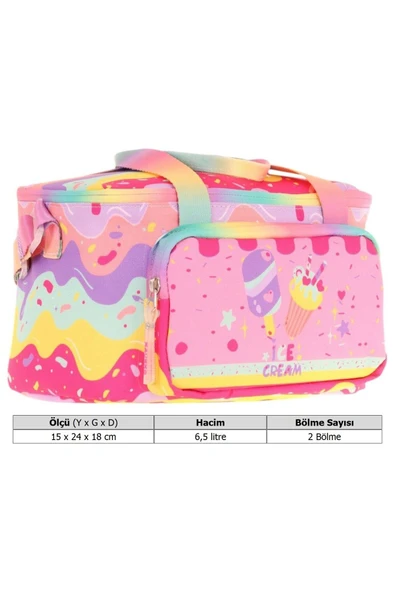 KAUKKO Kids Isı Yalıtımlı Kız Çocuk Dondurma Baskılı Pembe Beslenme Çantası L7232 (İki Bölmeli) - 4