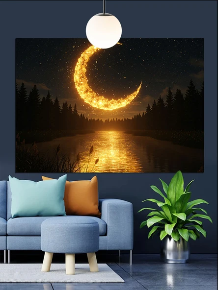Hilal Ay Gece Manzarası Dekoratif Kanvas - Mdf Ahşap Tablo - 3
