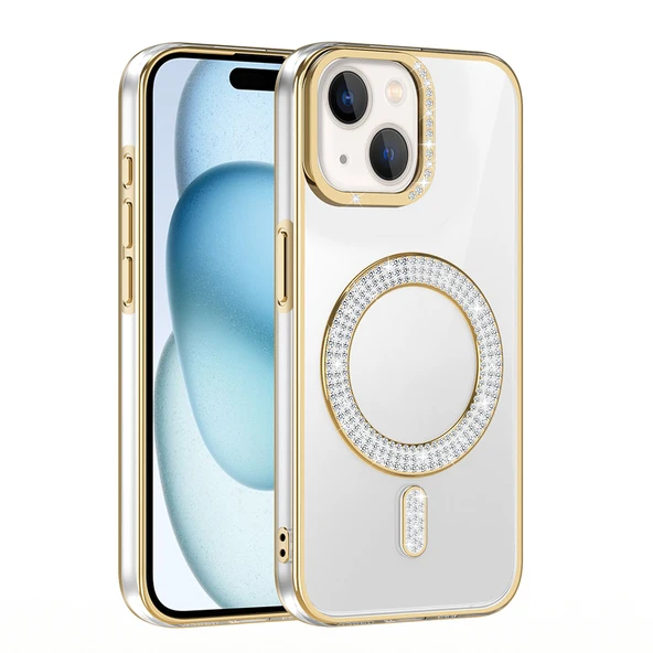 Apple iPhone 15 Kılıf Pırlanta Taş Tasarımlı M-safe Şarj Özellikli  Karetta Silikon Kapak - Resim 3