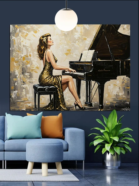 Piyano Çalan Zarif Kadın Dekoratif Kanvas - Mdf Ahşap Tablo