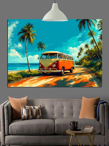Karavan Plajda Tatil Havası Dekoratif Kanvas - Mdf Ahşap Tablo