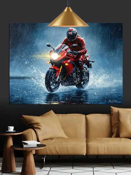 Kırmızı Motorsiklet Yol Hızı Dekoratif Kanvas - Mdf Ahşap Tablo - 3