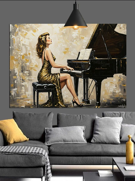 Piyano Çalan Zarif Kadın Dekoratif Kanvas - Mdf Ahşap Tablo - 3