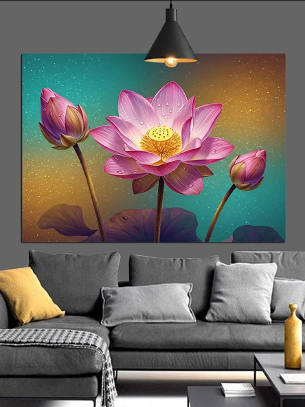 Pembe Lotus Çiçeği Sanatı Dekoratif Kanvas - Mdf Ahşap Tablo - 2