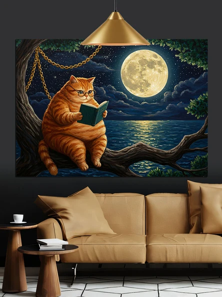 Kedi Dolunay Ağaç Altı Dekoratif Kanvas - Mdf Ahşap Tablo - 3