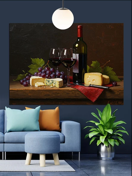 Şarap üzüm ve peynir Dekoratif Kanvas - Mdf Ahşap Tablo