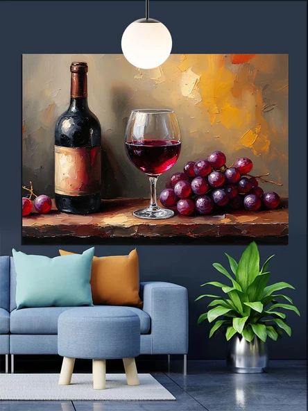 Şarap Peynir Üzüm Tabağı Dekoratif Kanvas - Mdf Ahşap Tablo