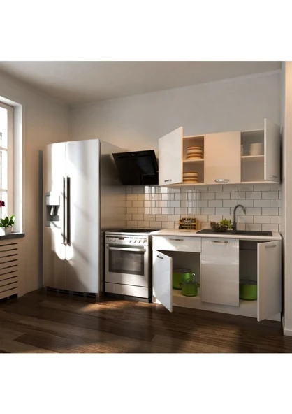T Designo Esin Hazır Mutfak Dolabı 140 cm -Tezgah Dahil - Parlak Beyaz - Resim 2