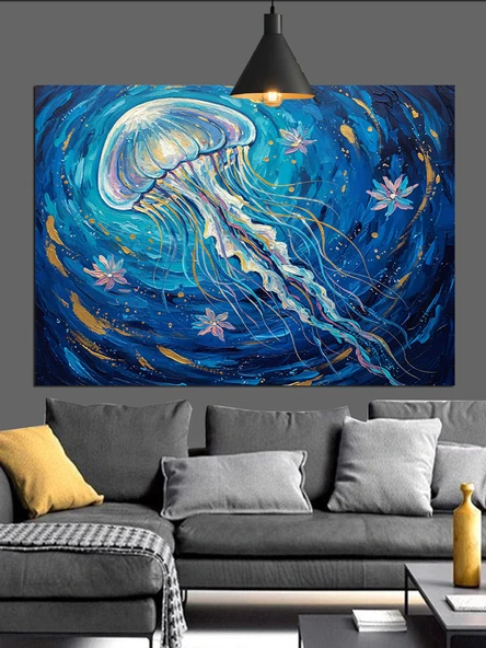 Mavi Denizanası Su Canlısı Dekoratif Kanvas - Mdf Ahşap Tablo