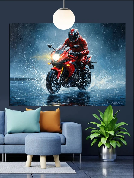 Kırmızı Motorsiklet Yol Hızı Dekoratif Kanvas - Mdf Ahşap Tablo - 2