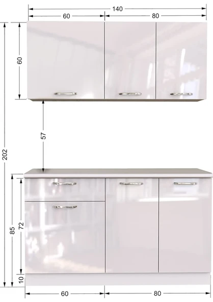T Designo Esin Hazır Mutfak Dolabı 140 cm -Tezgah Dahil - Parlak Beyaz - Resim 3