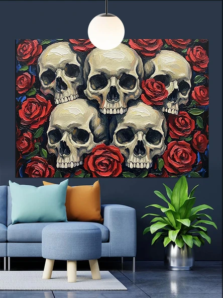 Çiçekli Kafatasları Sanatı Dekoratif Kanvas - Mdf Ahşap Tablo - 3