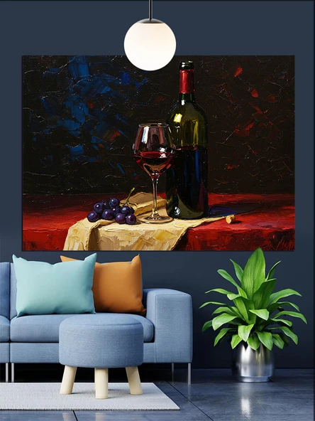 Şarap Kadehi Üzüm Peynir Dekoratif Kanvas - Mdf Ahşap Tablo - 3