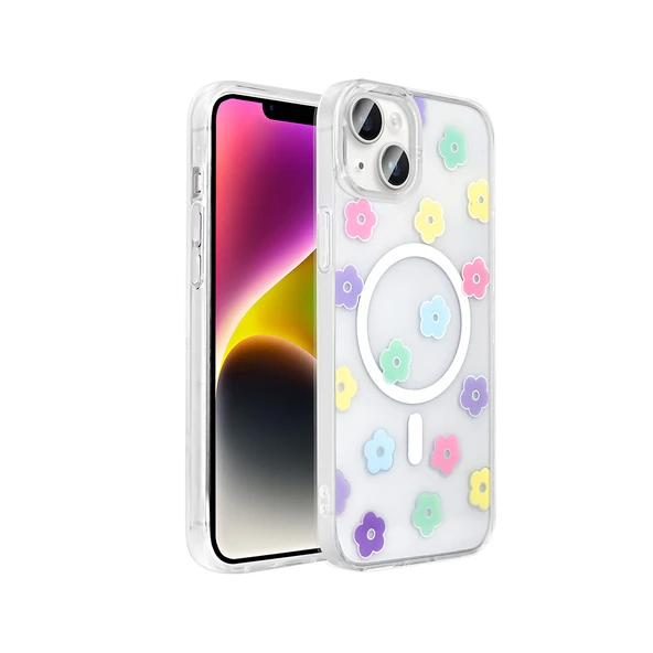 Apple iPhone 15 Plus Kılıf M-Safe Şarj Özellikli Şeffaf  Folk Sert Kapak ürün görseli