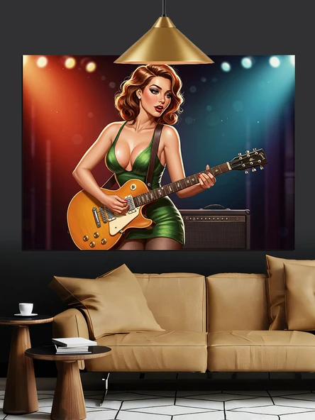 Yeşil Elbiseli Gitarist Kadın Dekoratif Kanvas - Mdf Ahşap Tablo