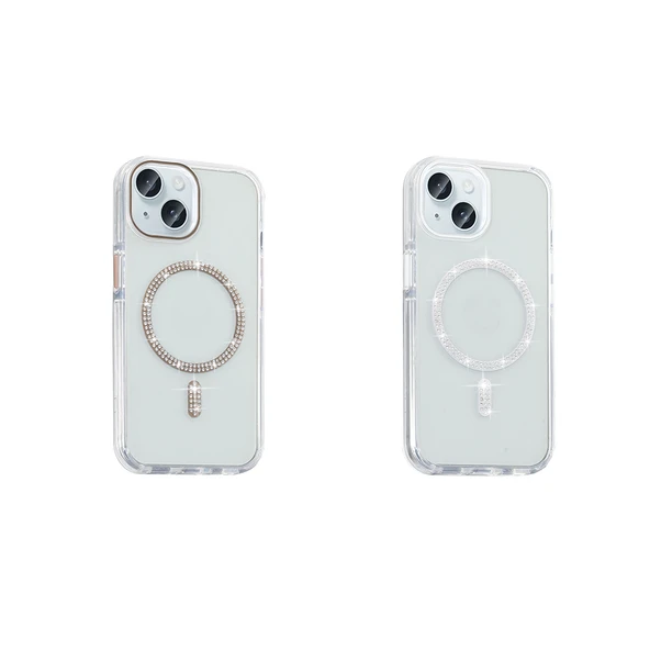 Apple iPhone 15 Kılıf Taşlı Tasarım M-safe Şarj Özellikli  Koment Silikon Kapak - Resim 7