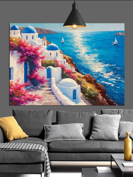 Yunan Adası Beyaz Evler Dekoratif Kanvas - Mdf Ahşap Tablo - 3