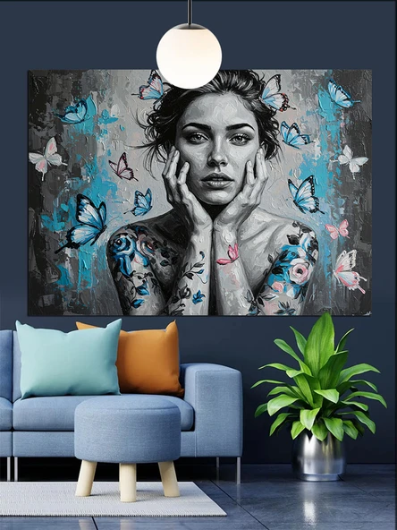 Kelebekler Arasında Üzgün Kadın Dekoratif Kanvas - Mdf Ahşap Tablo - 2