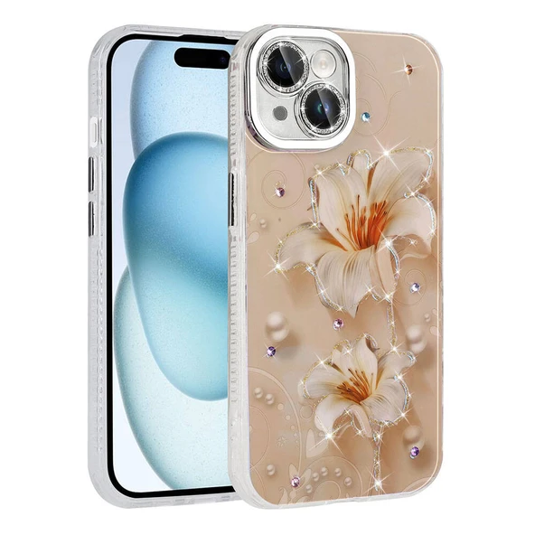 Apple iPhone 15 Kılıf Çiçek Desenli Parlak Taşlı Sert Silikon  Garden Kapak ürün görseli