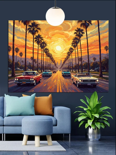 Palmiyeli Cadde Gün Batımı Dekoratif Kanvas - Mdf Ahşap Tablo - 3