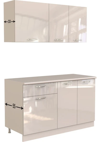 T Designo Esin Hazır Mutfak Dolabı 140 cm -Tezgah Dahil - Parlak Beyaz - Resim 4