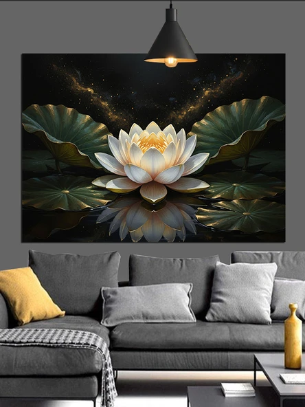 Beyaz Lotus Çiçeği Sanatı Dekoratif Kanvas - Mdf Ahşap Tablo - 3
