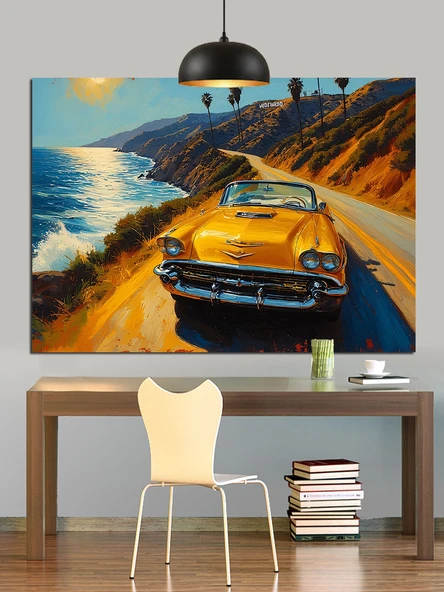 Sarı Spor Araba Hızı Dekoratif Kanvas - Mdf Ahşap Tablo
