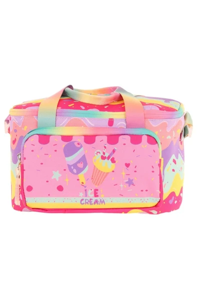 KAUKKO Kids Isı Yalıtımlı Kız Çocuk Dondurma Baskılı Pembe Beslenme Çantası L7232 (İki Bölmeli) - 2