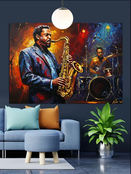 Saksafon Çalan Müzisyen Adam Dekoratif Kanvas - Mdf Ahşap Tablo - 2