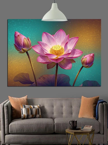 Pembe Lotus Çiçeği Sanatı Dekoratif Kanvas - Mdf Ahşap Tablo - 3