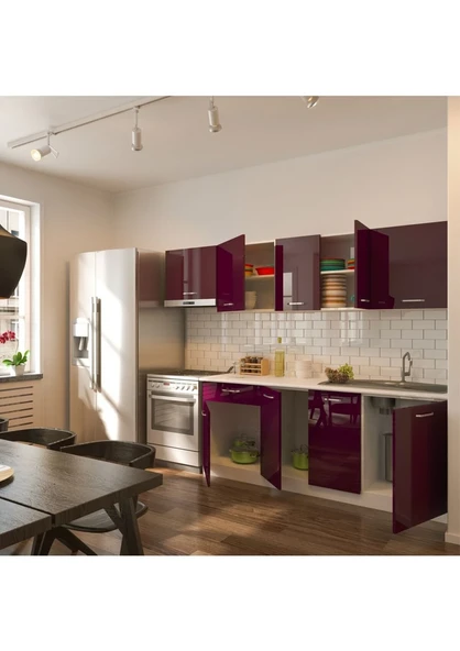 T Designo Nevin Hazır Mutfak Dolabı 260CM-TEZGAH Dahil-Parlak Mürdüm - 3