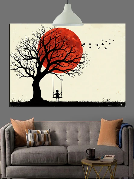 Kırmızı Ağaç Gün Batımı Dekoratif Kanvas - Mdf Ahşap Tablo - 2