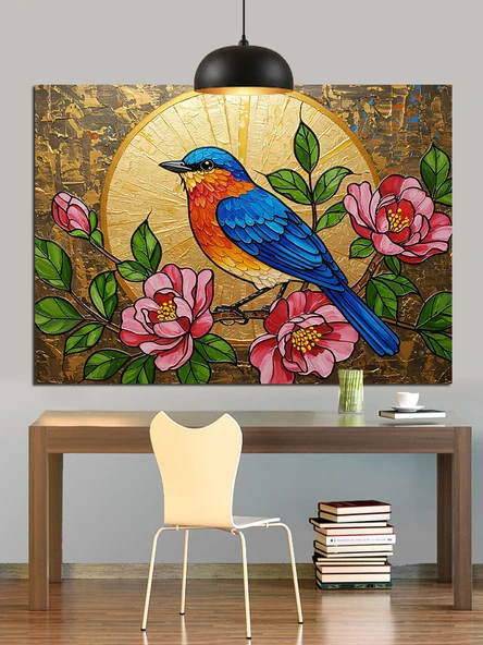 Mavi Kuş Bahar Çiçekleri Dekoratif Kanvas - Mdf Ahşap Tablo - 2