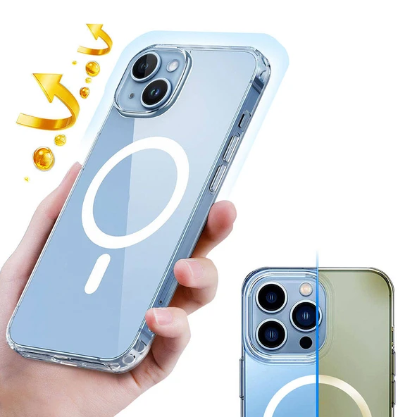 Apple iPhone 15 Plus Kılıf M-safe Şarj Özellikli Şeffaf Sert PC  Embos Kapak - Resim 3