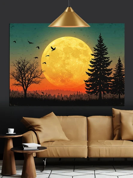 Dolunay Altında Sessiz Orman Dekoratif Kanvas - Mdf Ahşap Tablo